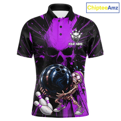 Funny Skull Bowling Shirt, Personalized Purple Skeleton Bowling Polo For Bowling Teams For Men NHT1513
