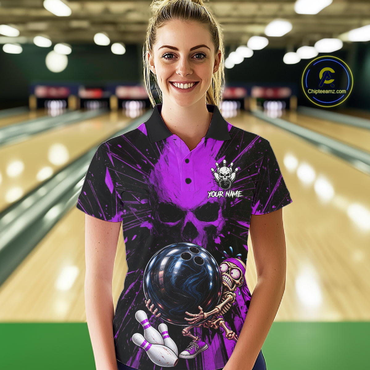 Funny Skull Bowling Shirt, Personalized Purple Skeleton Bowling Polo For Bowling Teams For Women NHT1513