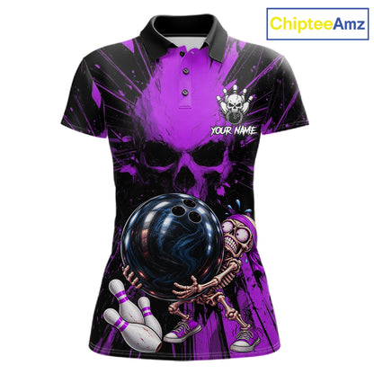 Funny Skull Bowling Shirt, Personalized Purple Skeleton Bowling Polo For Bowling Teams For Women NHT1513
