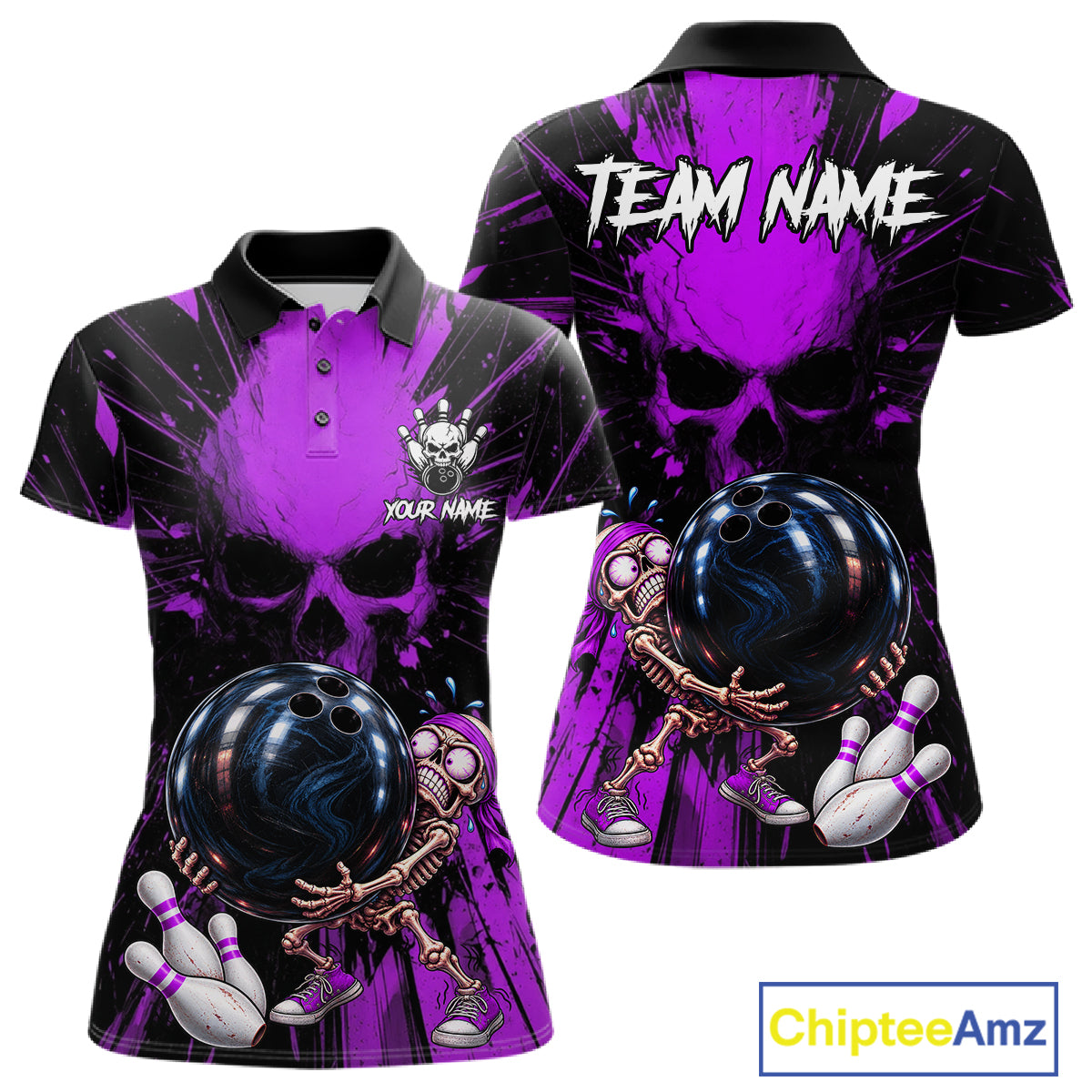 Funny Skull Bowling Shirt, Personalized Purple Skeleton Bowling Polo For Bowling Teams For Women NHT1513