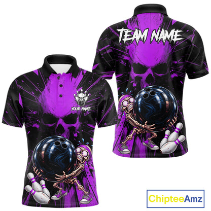 Funny Skull Bowling Shirt, Personalized Purple Skeleton Bowling Polo For Bowling Teams For Men NHT1513