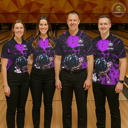 Funny Skull Bowling Shirt, Personalized Purple Skeleton Bowling Polo For Bowling Teams For Women NHT1513