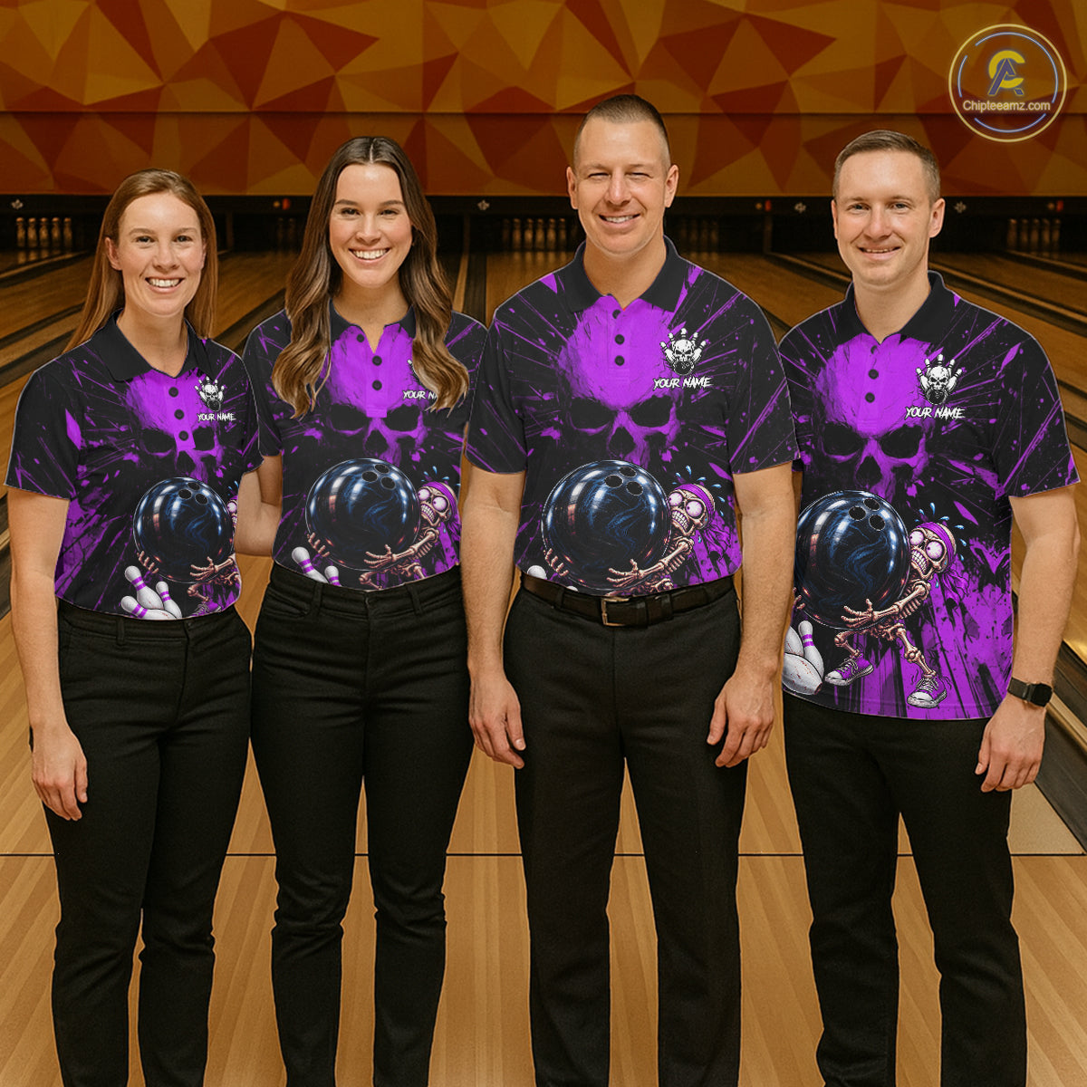 Funny Skull Bowling Shirt, Personalized Purple Skeleton Bowling Polo For Bowling Teams For Men NHT1513