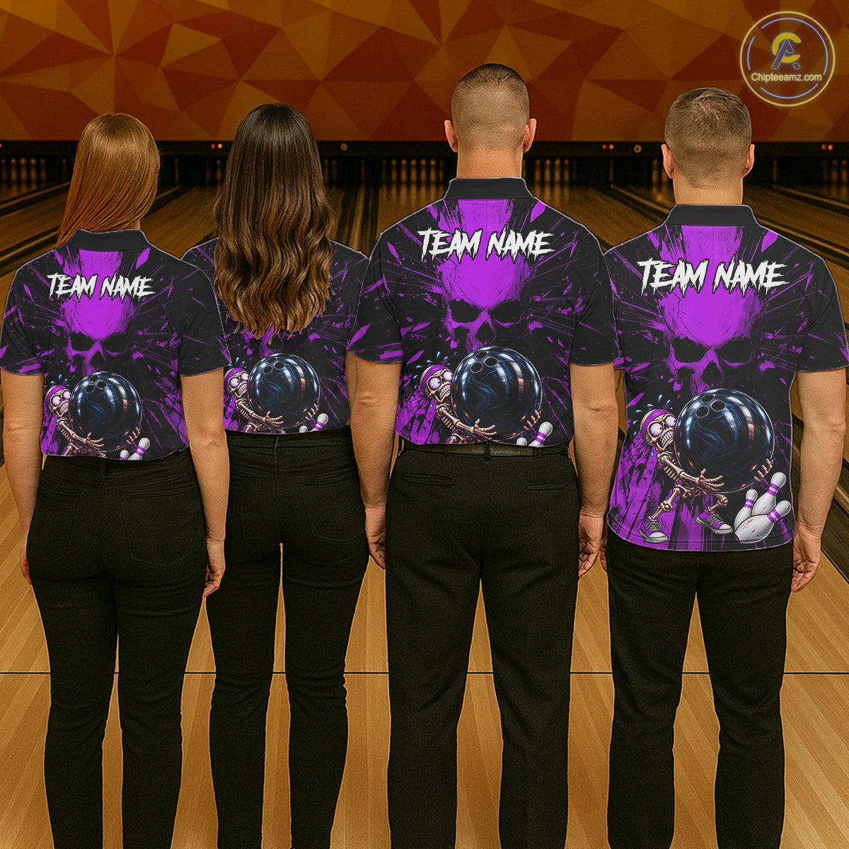Funny Skull Bowling Shirt, Personalized Purple Skeleton Bowling Polo For Bowling Teams For Women NHT1513