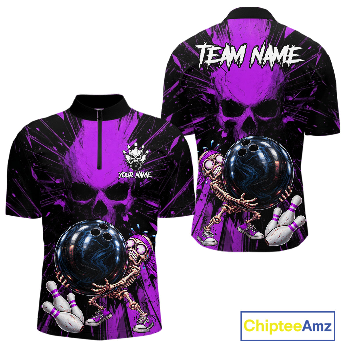 Funny Skull Bowling Shirt, Personalized Purple Skeleton Bowling Polo For Bowling Teams For Men NHT1513