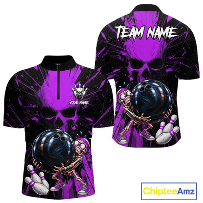 Funny Skull Bowling Shirt, Personalized Purple Skeleton Bowling Polo For Bowling Teams For Men NHT1513