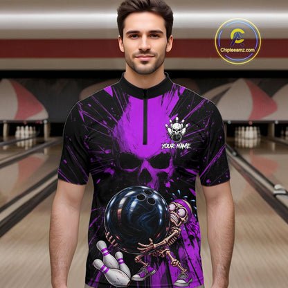 Funny Skull Bowling Shirt, Personalized Purple Skeleton Bowling Polo For Bowling Teams For Men NHT1513