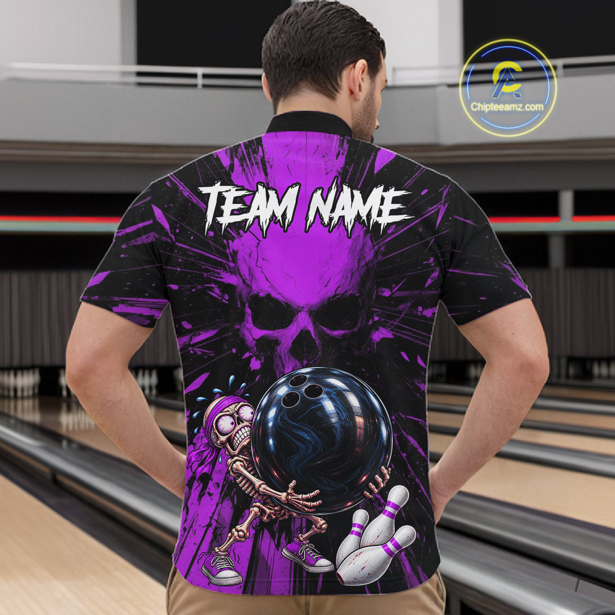 Funny Skull Bowling Shirt, Personalized Purple Skeleton Bowling Polo For Bowling Teams For Men NHT1513