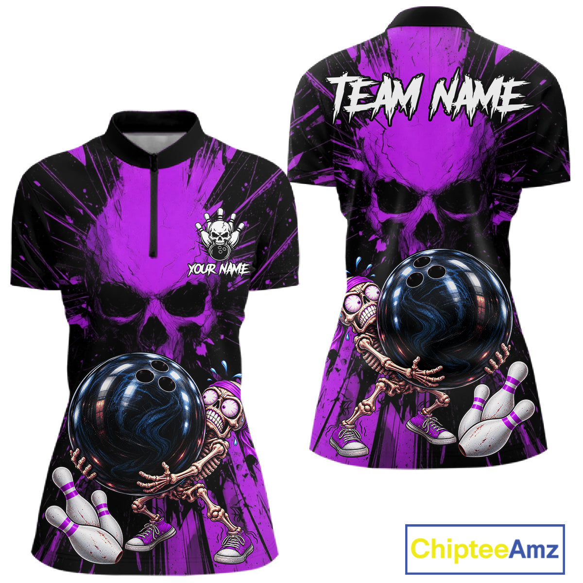 Funny Skull Bowling Shirt, Personalized Purple Skeleton Bowling Polo For Bowling Teams For Women NHT1513