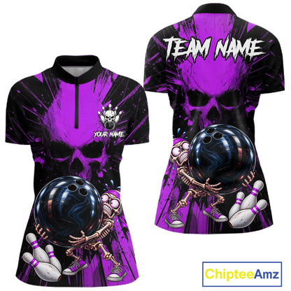 Funny Skull Bowling Shirt, Personalized Purple Skeleton Bowling Polo For Bowling Teams For Women NHT1513