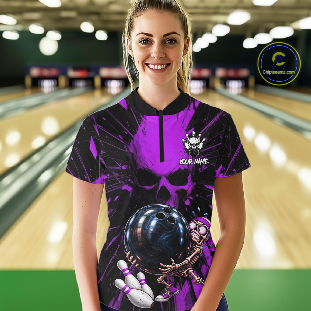 Funny Skull Bowling Shirt, Personalized Purple Skeleton Bowling Polo For Bowling Teams For Women NHT1513