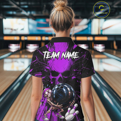 Funny Skull Bowling Shirt, Personalized Purple Skeleton Bowling Polo For Bowling Teams For Women NHT1513