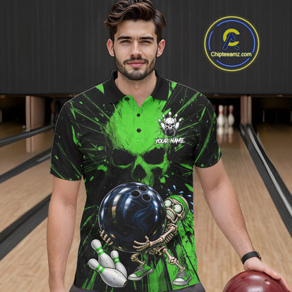 Funny Skull Bowling Shirt, Personalized Green Skeleton Bowling Polo For Bowling Teams For Men NHT1514