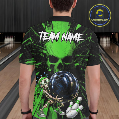 Funny Skull Bowling Shirt, Personalized Green Skeleton Bowling Polo For Bowling Teams For Men NHT1514