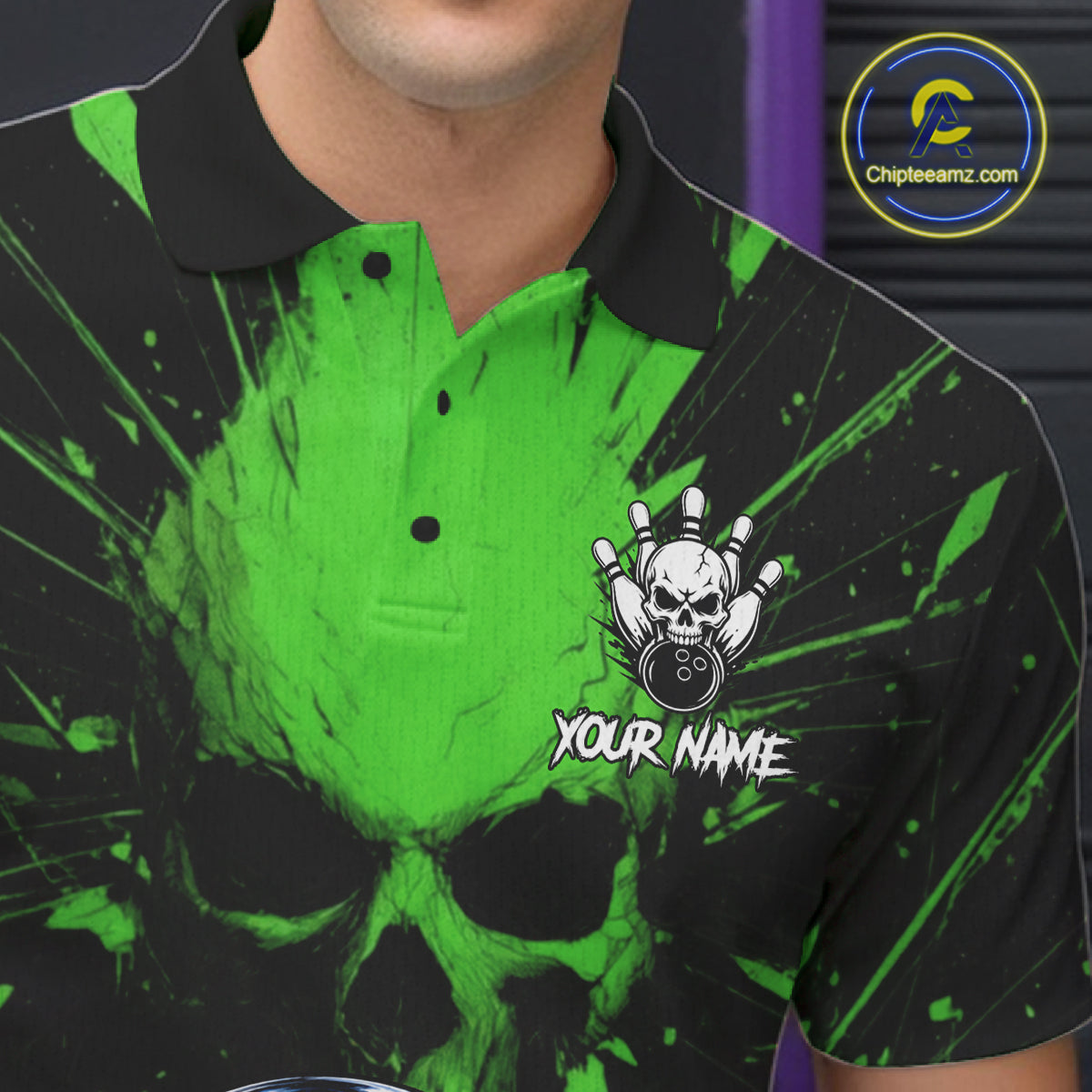 Funny Skull Bowling Shirt, Personalized Green Skeleton Bowling Polo For Bowling Teams For Men NHT1514