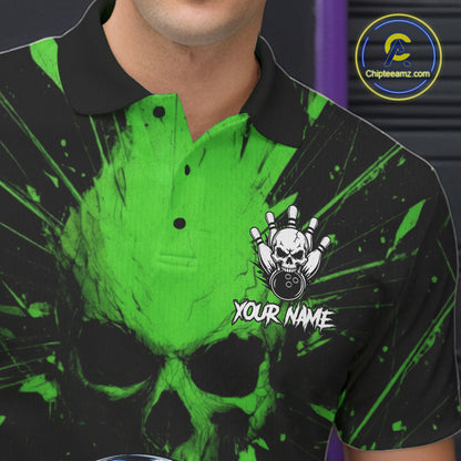 Funny Skull Bowling Shirt, Personalized Green Skeleton Bowling Polo For Bowling Teams For Men NHT1514