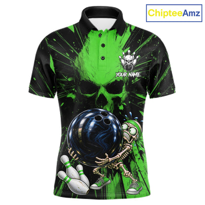 Funny Skull Bowling Shirt, Personalized Green Skeleton Bowling Polo For Bowling Teams For Men NHT1514