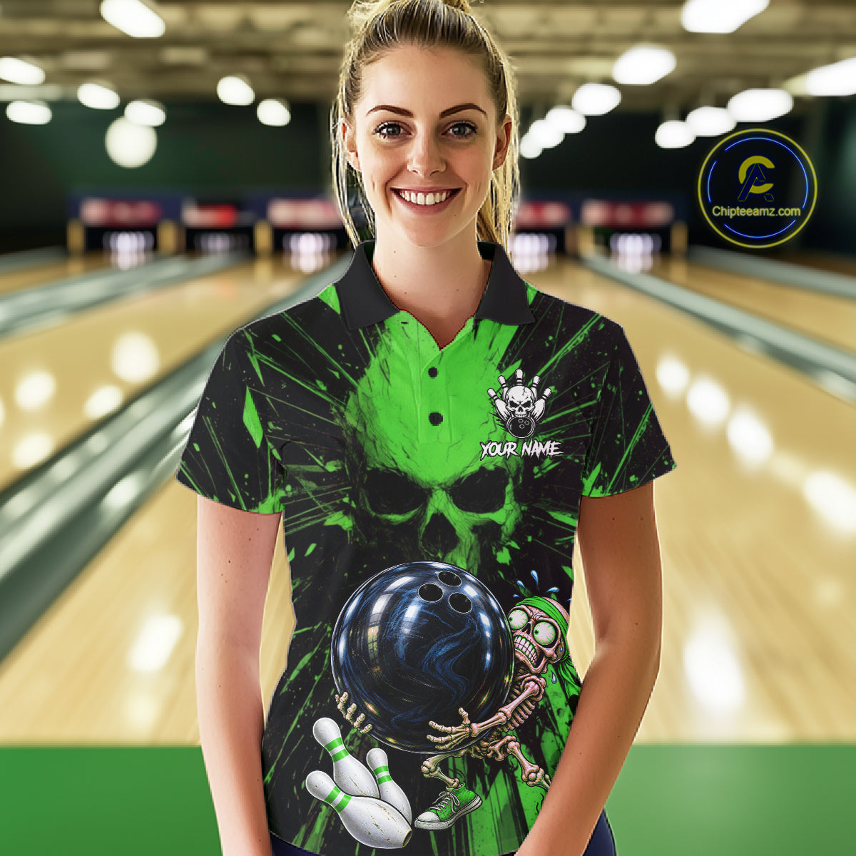 Funny Skull Bowling Shirt, Personalized Green Skeleton Bowling Polo For Bowling Teams For Women NHT1514