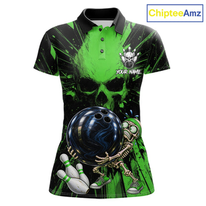 Funny Skull Bowling Shirt, Personalized Green Skeleton Bowling Polo For Bowling Teams For Women NHT1514