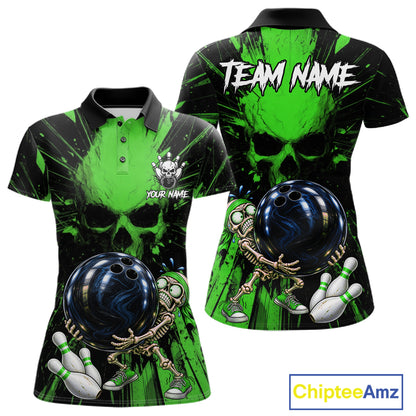 Funny Skull Bowling Shirt, Personalized Green Skeleton Bowling Polo For Bowling Teams For Women NHT1514