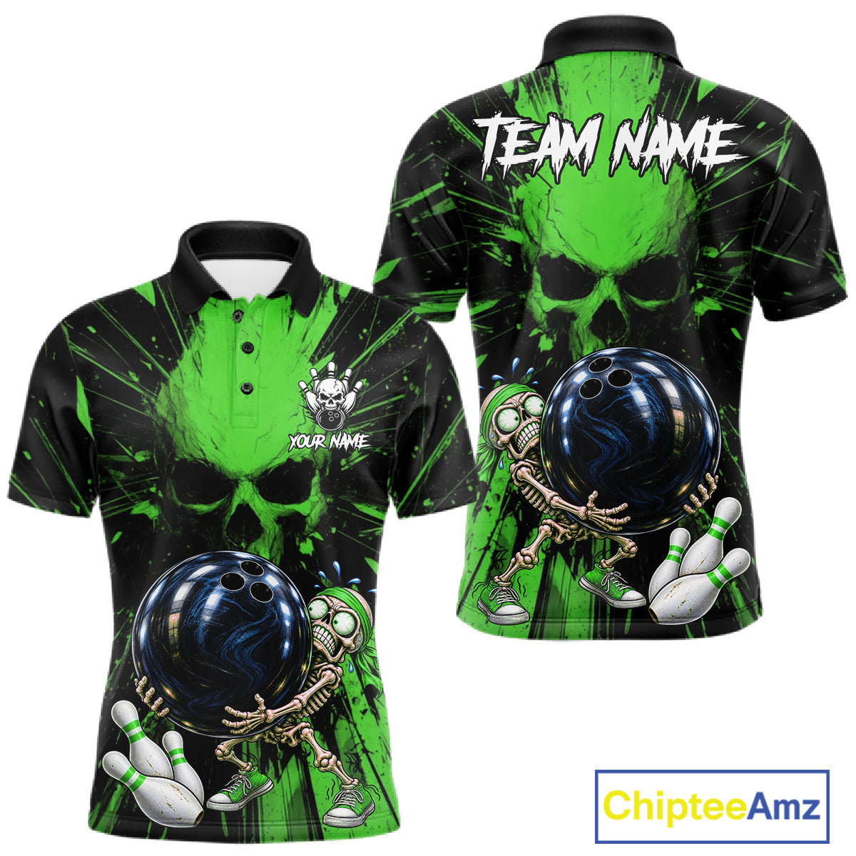 Funny Skull Bowling Shirt, Personalized Green Skeleton Bowling Polo For Bowling Teams For Men NHT1514