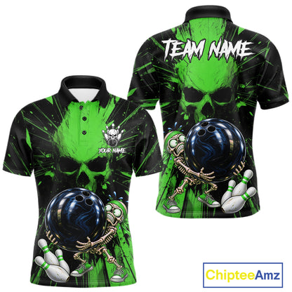 Funny Skull Bowling Shirt, Personalized Green Skeleton Bowling Polo For Bowling Teams For Men NHT1514