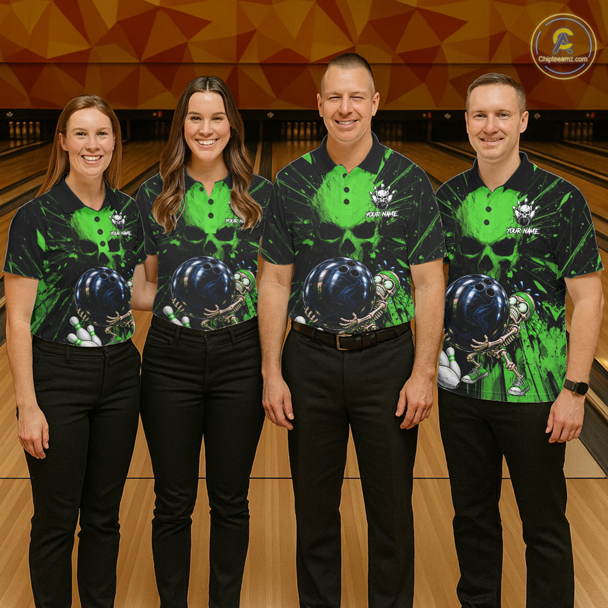 Funny Skull Bowling Shirt, Personalized Green Skeleton Bowling Polo For Bowling Teams For Women NHT1514