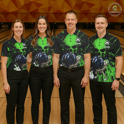 Funny Skull Bowling Shirt, Personalized Green Skeleton Bowling Polo For Bowling Teams For Women NHT1514