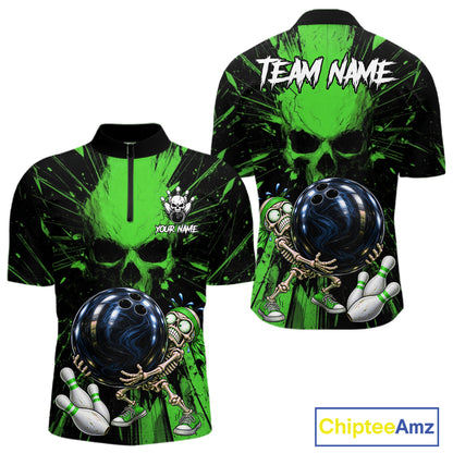 Funny Skull Bowling Shirt, Personalized Green Skeleton Bowling Polo For Bowling Teams For Men NHT1514