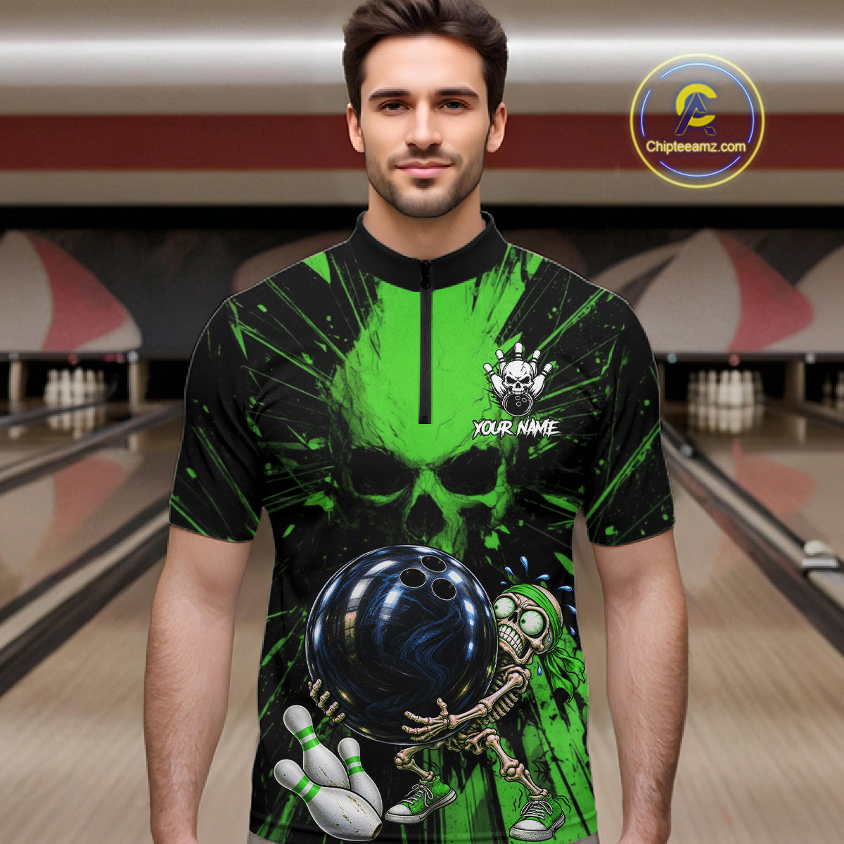 Funny Skull Bowling Shirt, Personalized Green Skeleton Bowling Polo For Bowling Teams For Men NHT1514