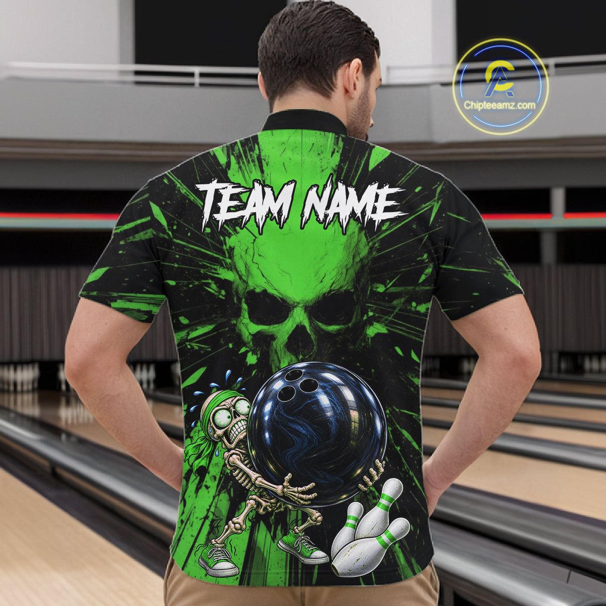 Funny Skull Bowling Shirt, Personalized Green Skeleton Bowling Polo For Bowling Teams For Men NHT1514