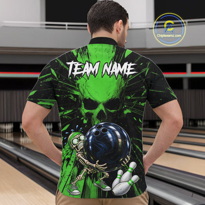 Funny Skull Bowling Shirt, Personalized Green Skeleton Bowling Polo For Bowling Teams For Men NHT1514