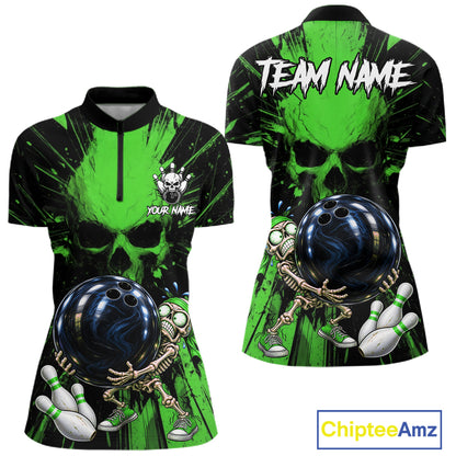 Funny Skull Bowling Shirt, Personalized Green Skeleton Bowling Polo For Bowling Teams For Women NHT1514