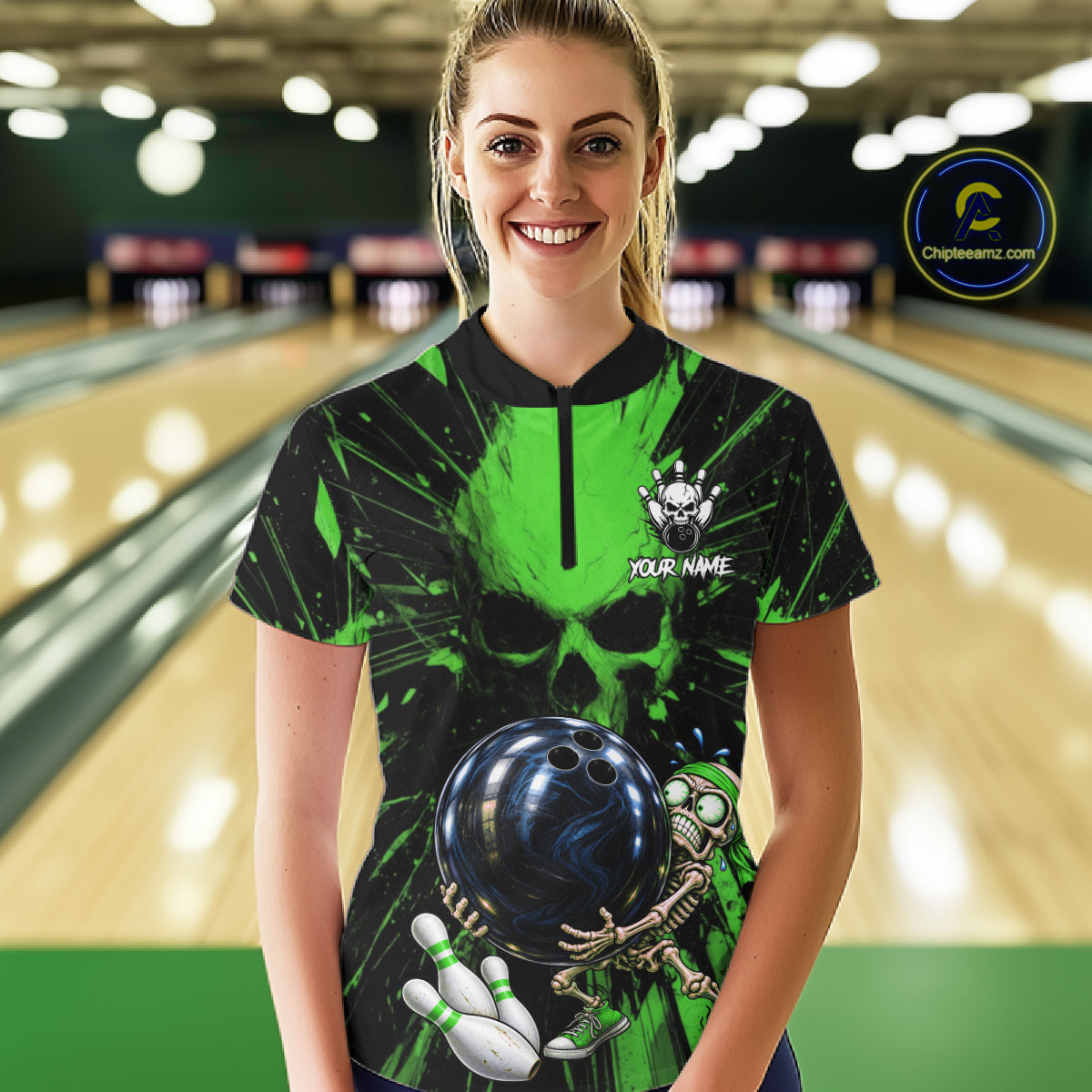 Funny Skull Bowling Shirt, Personalized Green Skeleton Bowling Polo For Bowling Teams For Women NHT1514