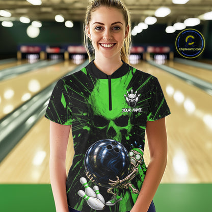 Funny Skull Bowling Shirt, Personalized Green Skeleton Bowling Polo For Bowling Teams For Women NHT1514