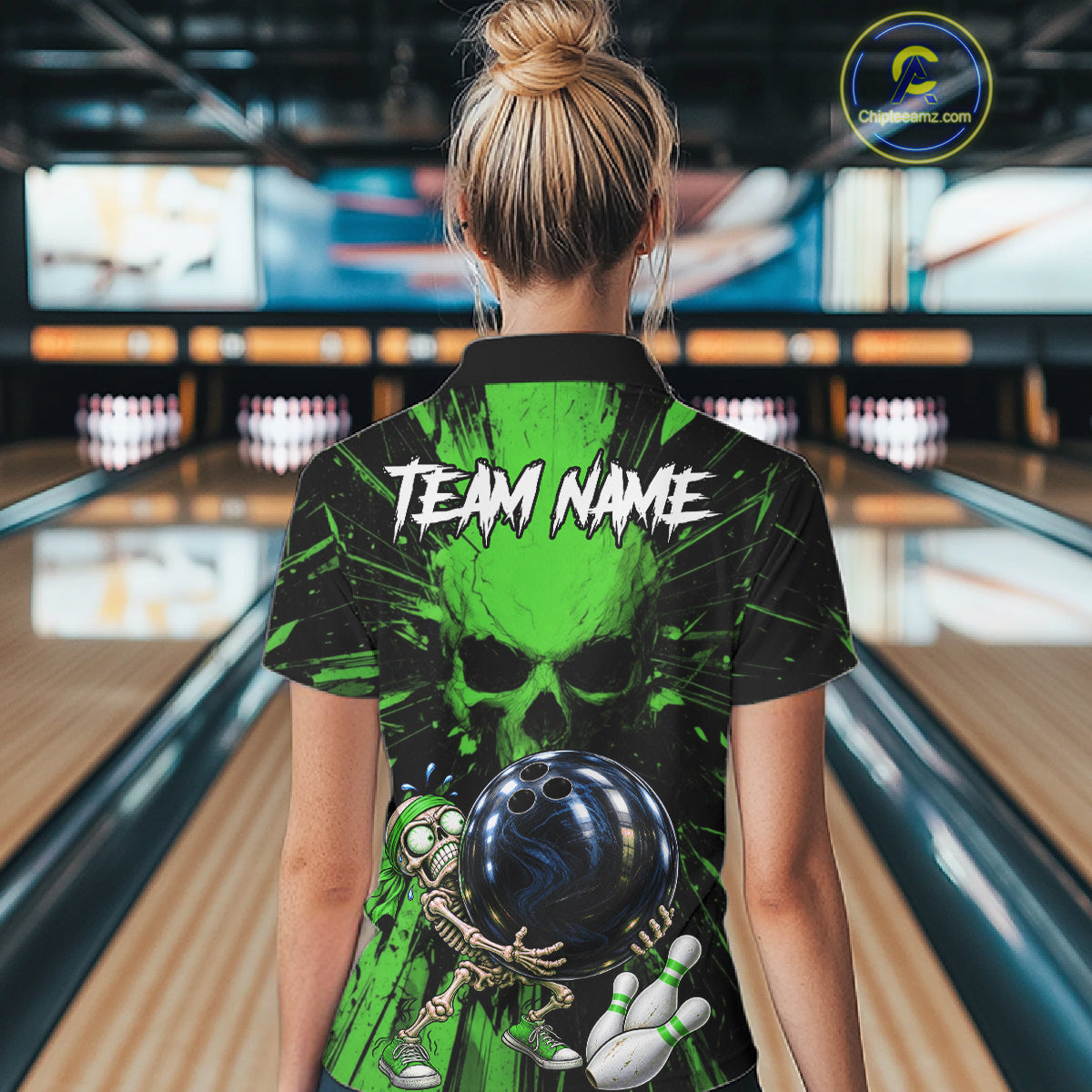 Funny Skull Bowling Shirt, Personalized Green Skeleton Bowling Polo For Bowling Teams For Women NHT1514
