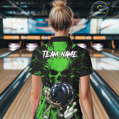 Funny Skull Bowling Shirt, Personalized Green Skeleton Bowling Polo For Bowling Teams For Women NHT1514