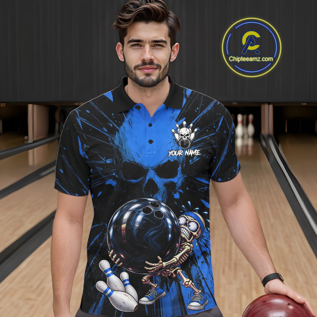 Funny Skull Bowling Shirt, Personalized Blue Skeleton Bowling Polo For Bowling Teams For Men NHT1515
