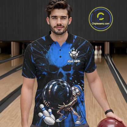 Funny Skull Bowling Shirt, Personalized Blue Skeleton Bowling Polo For Bowling Teams For Men NHT1515
