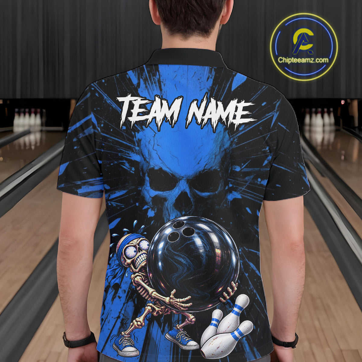 Funny Skull Bowling Shirt, Personalized Blue Skeleton Bowling Polo For Bowling Teams For Men NHT1515