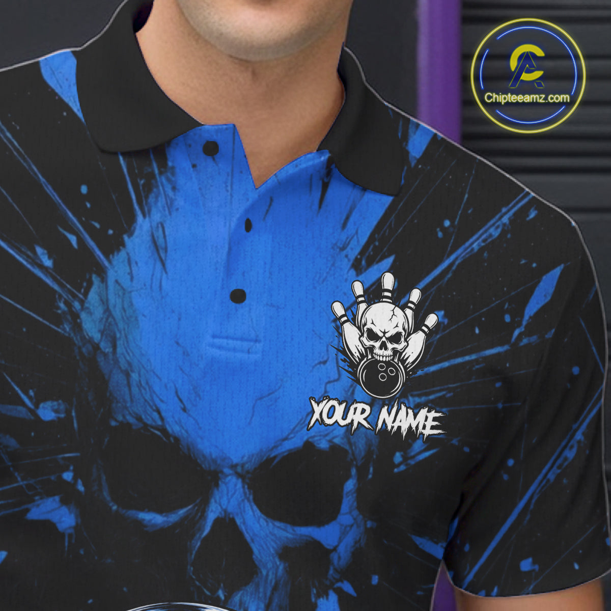 Funny Skull Bowling Shirt, Personalized Blue Skeleton Bowling Polo For Bowling Teams For Men NHT1515