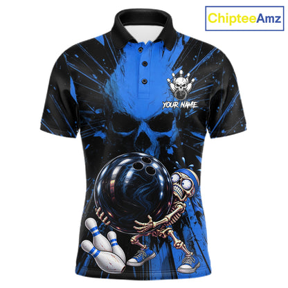 Funny Skull Bowling Shirt, Personalized Blue Skeleton Bowling Polo For Bowling Teams For Men NHT1515