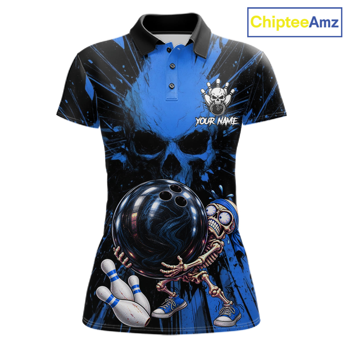 Funny Skull Bowling Shirt, Personalized Blue Skeleton Bowling Polo For Bowling Teams For Women NHT1515