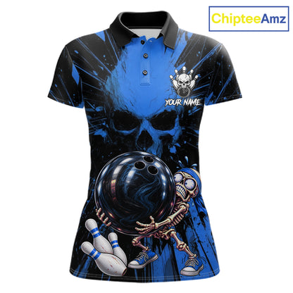 Funny Skull Bowling Shirt, Personalized Blue Skeleton Bowling Polo For Bowling Teams For Women NHT1515