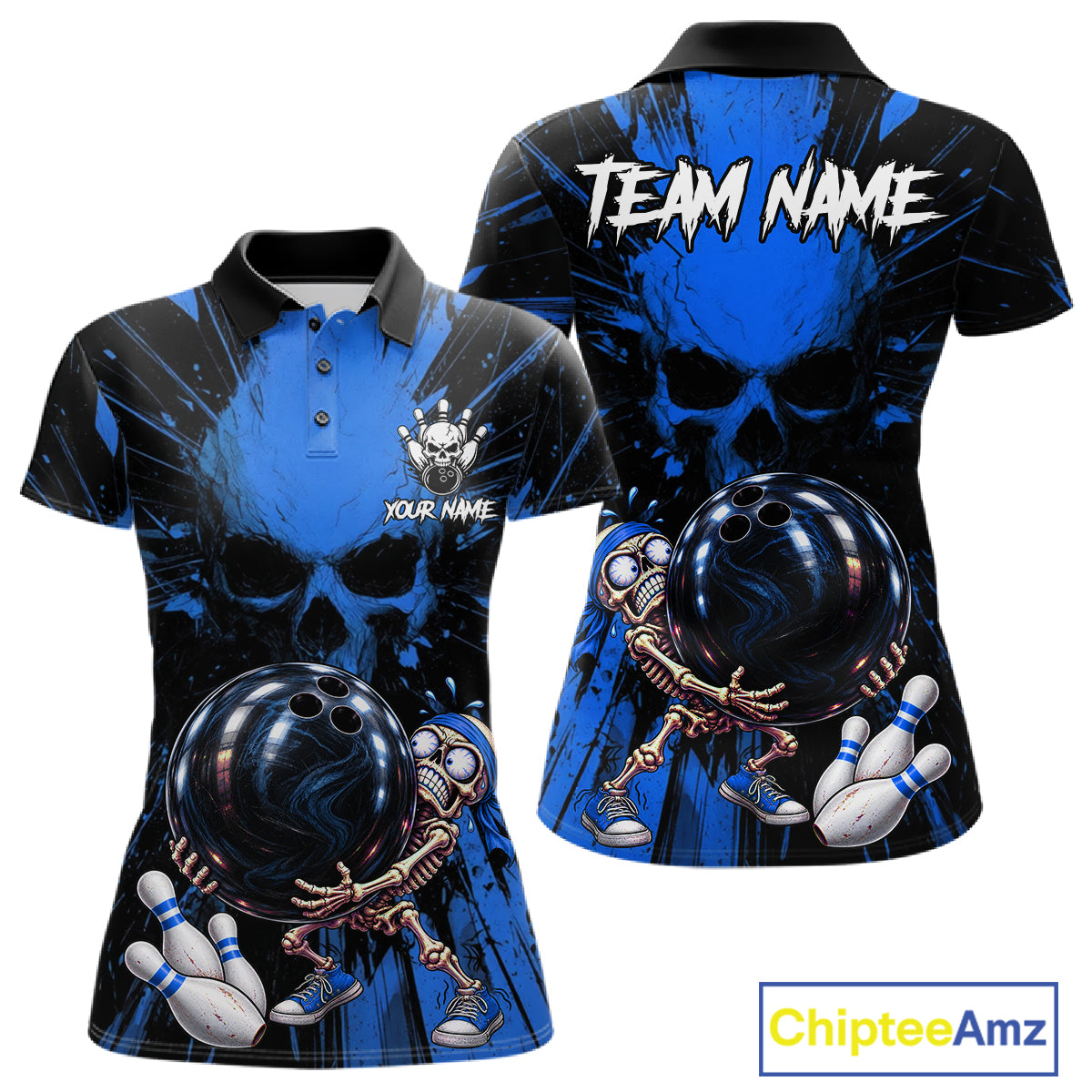Funny Skull Bowling Shirt, Personalized Blue Skeleton Bowling Polo For Bowling Teams For Women NHT1515