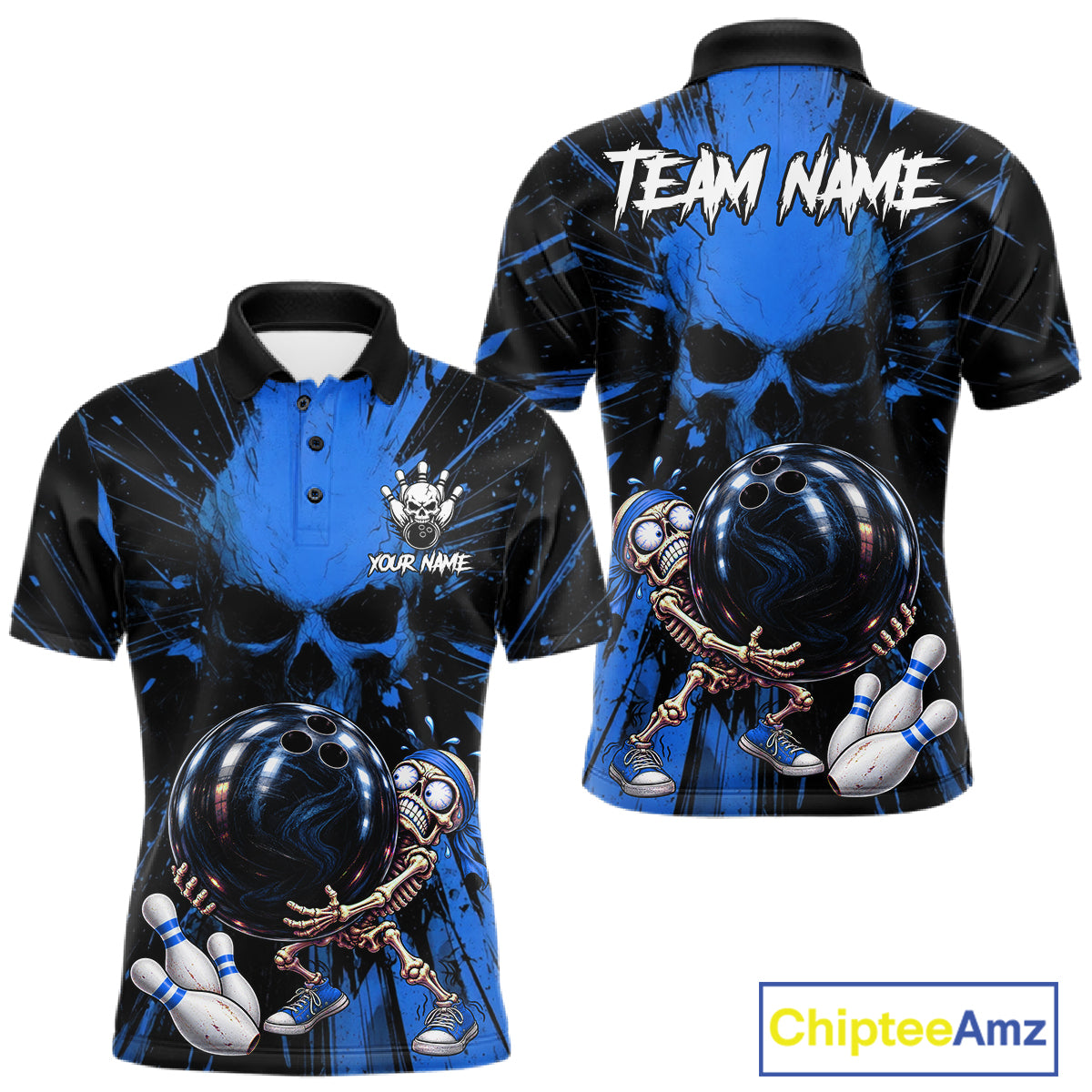 Funny Skull Bowling Shirt, Personalized Blue Skeleton Bowling Polo For Bowling Teams For Men NHT1515