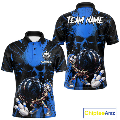 Funny Skull Bowling Shirt, Personalized Blue Skeleton Bowling Polo For Bowling Teams For Men NHT1515