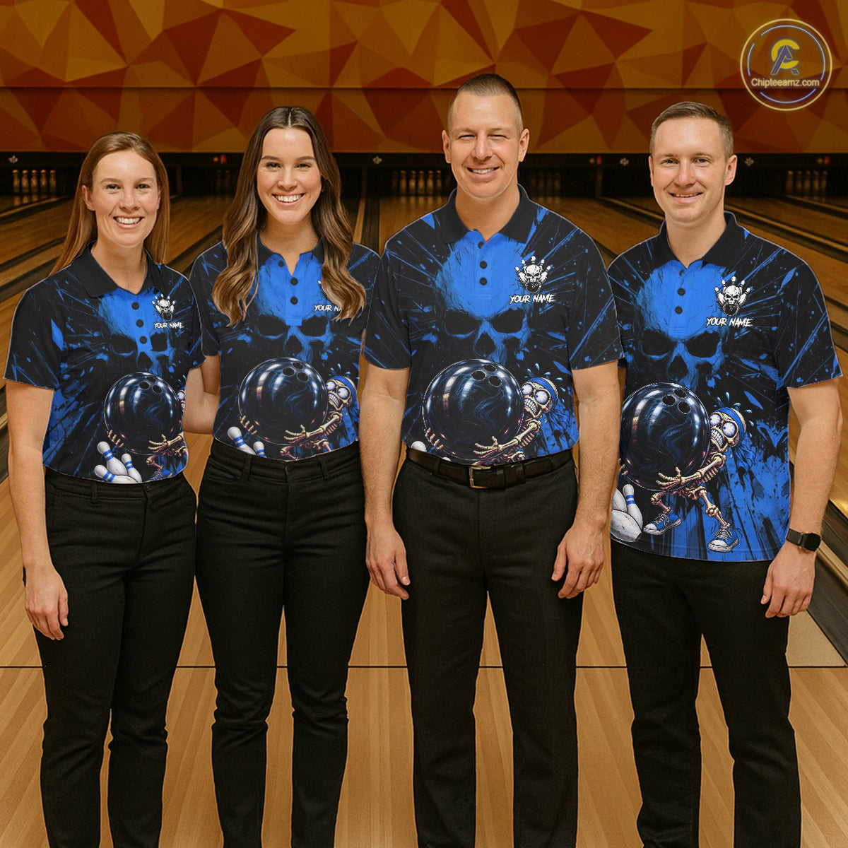 Funny Skull Bowling Shirt, Personalized Blue Skeleton Bowling Polo For Bowling Teams For Women NHT1515