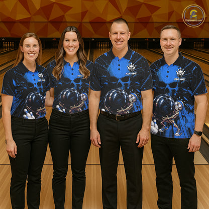 Funny Skull Bowling Shirt, Personalized Blue Skeleton Bowling Polo For Bowling Teams For Women NHT1515