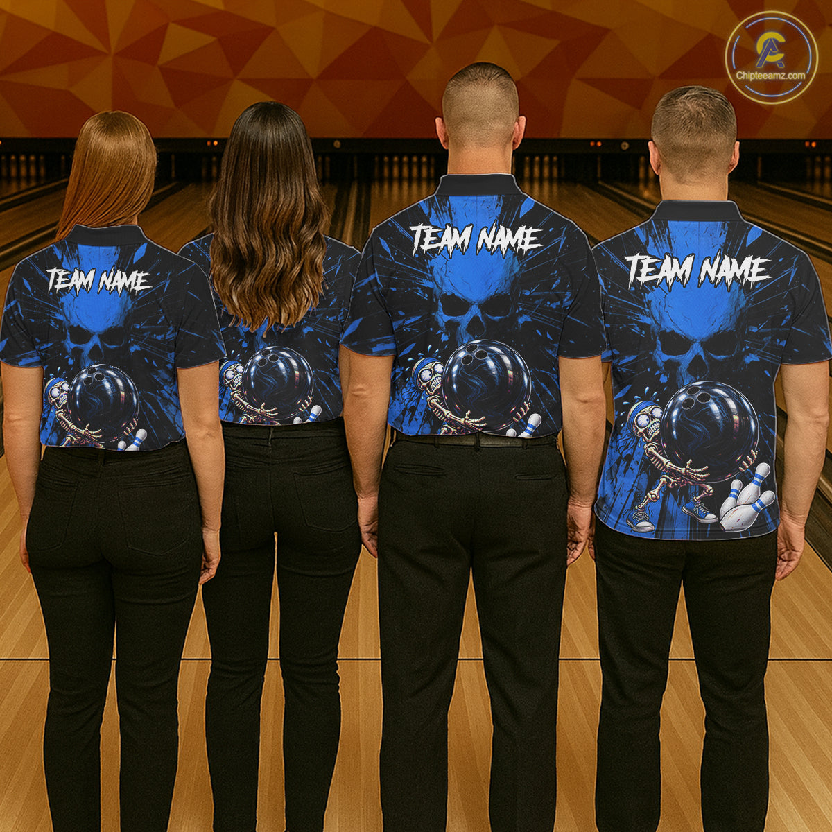 Funny Skull Bowling Shirt, Personalized Blue Skeleton Bowling Polo For Bowling Teams For Women NHT1515
